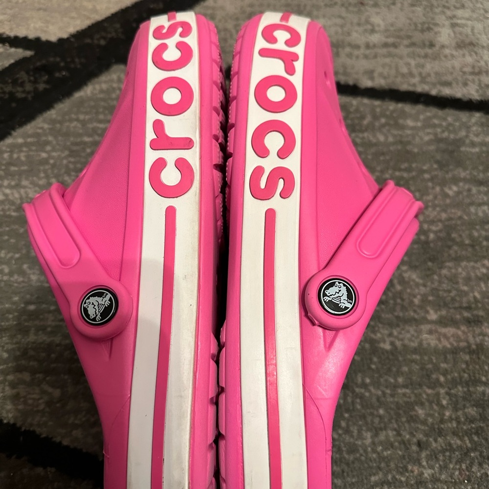 EUC CROCS Bold Pink Clogs with White Stripes